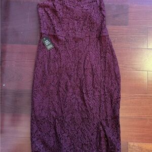 Express Strapless Lace Midi Dress in Burgundy